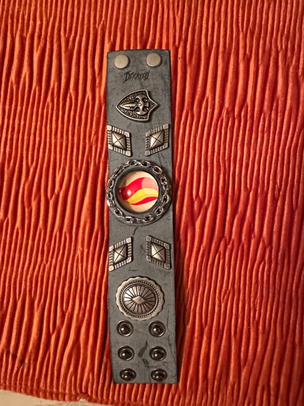 Black Leather Men’s Statement Bracelet with Red and Yellow Cabochon